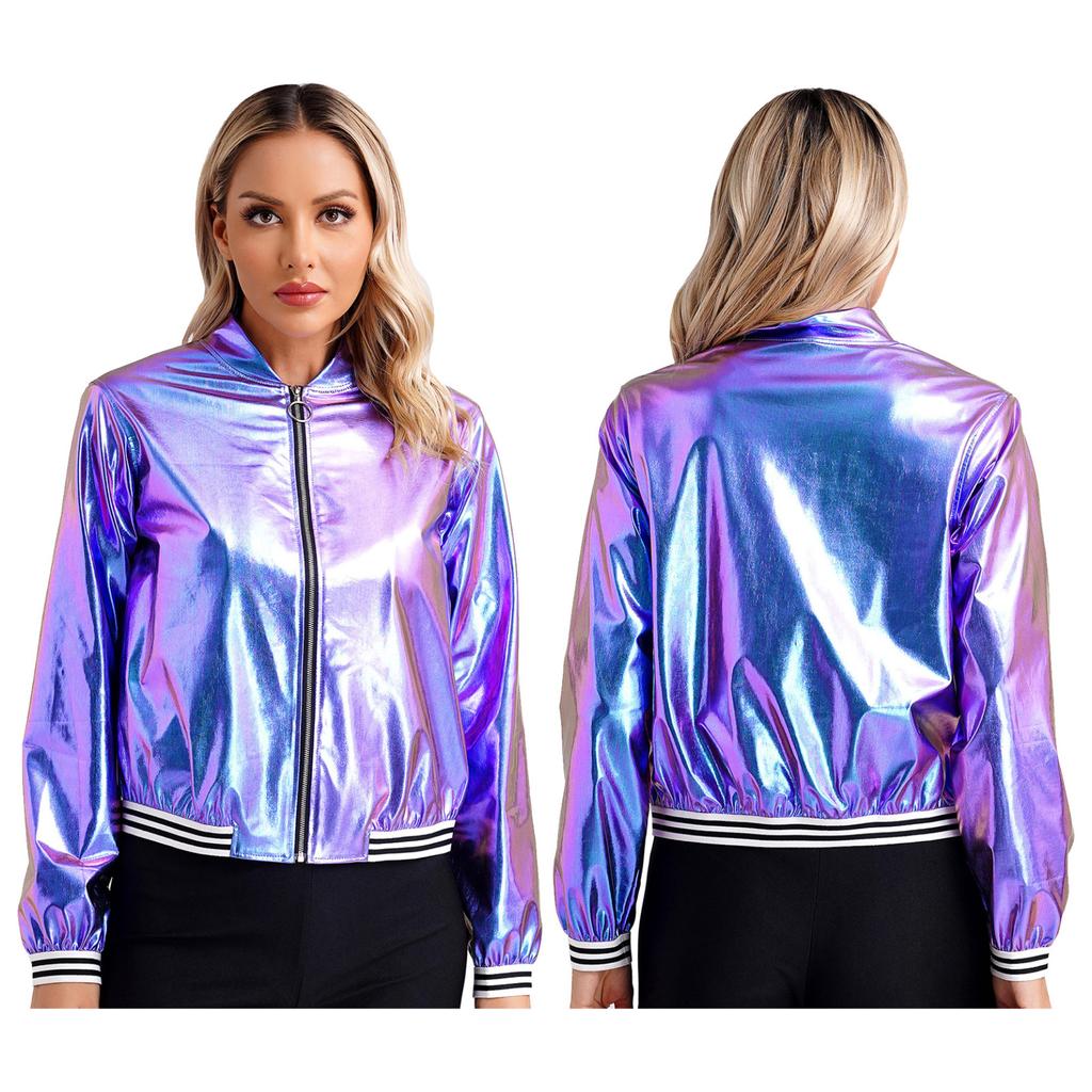Women's Sparkly Holographic Lightweight 90S Shiny Metallic Long SleeveBomber Jacket