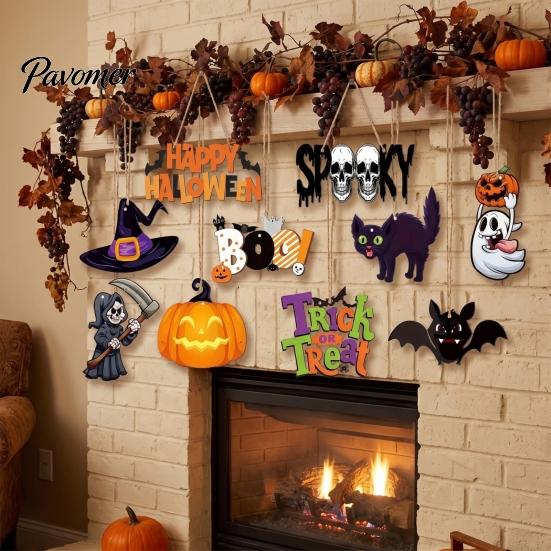 Halloween Wooden Hanging Ornaments Pendants, Reusable Decorative Ornaments, Pumpkin Witch And Ghost Handmade Embellishments Pattern Design,