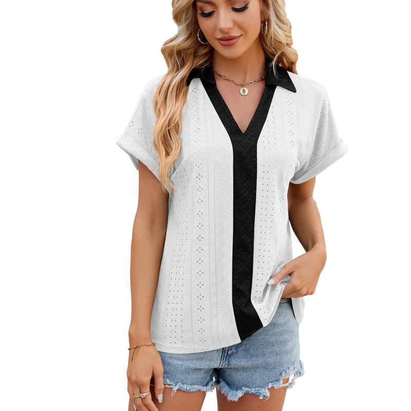2026 Spring/Summer New V-neck Contrast Color Short Sleeve Loose T-shirt Women's Casual Top