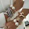 Geometric Spring Bangles Bracelets for Women Gold Silver Color Exaggerated Punk Layered Metal Big Pearl Bracelet Fashion Party Jewelry Accessories