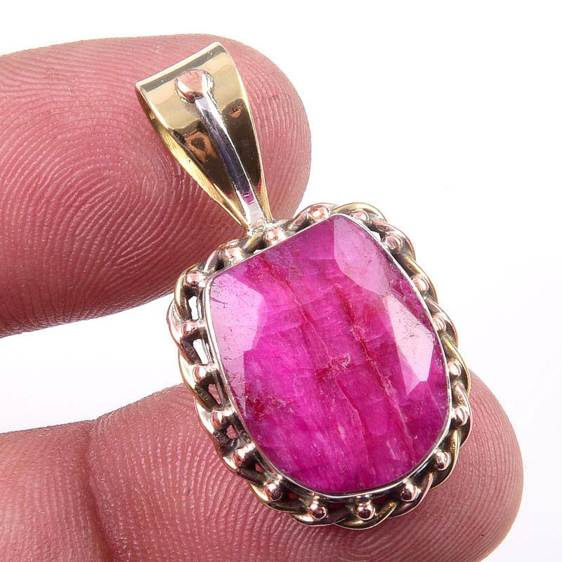 Red Ruby(Simulated) Handmade 925 Sterling Silver Two Tone Pendant 1.25" J2S84
