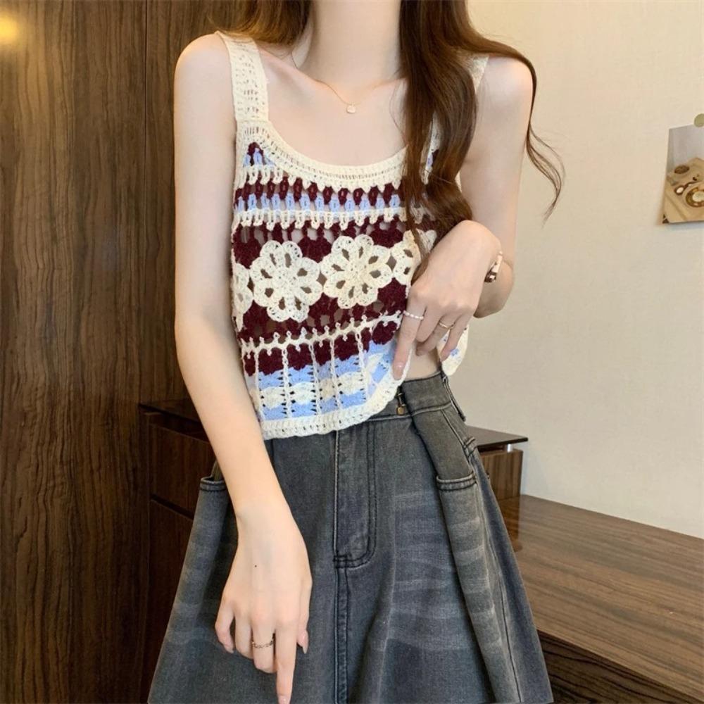 Short Knitted Vest Polyester Fiber Sleeveless Top Sweet Hollow Out Top Women's