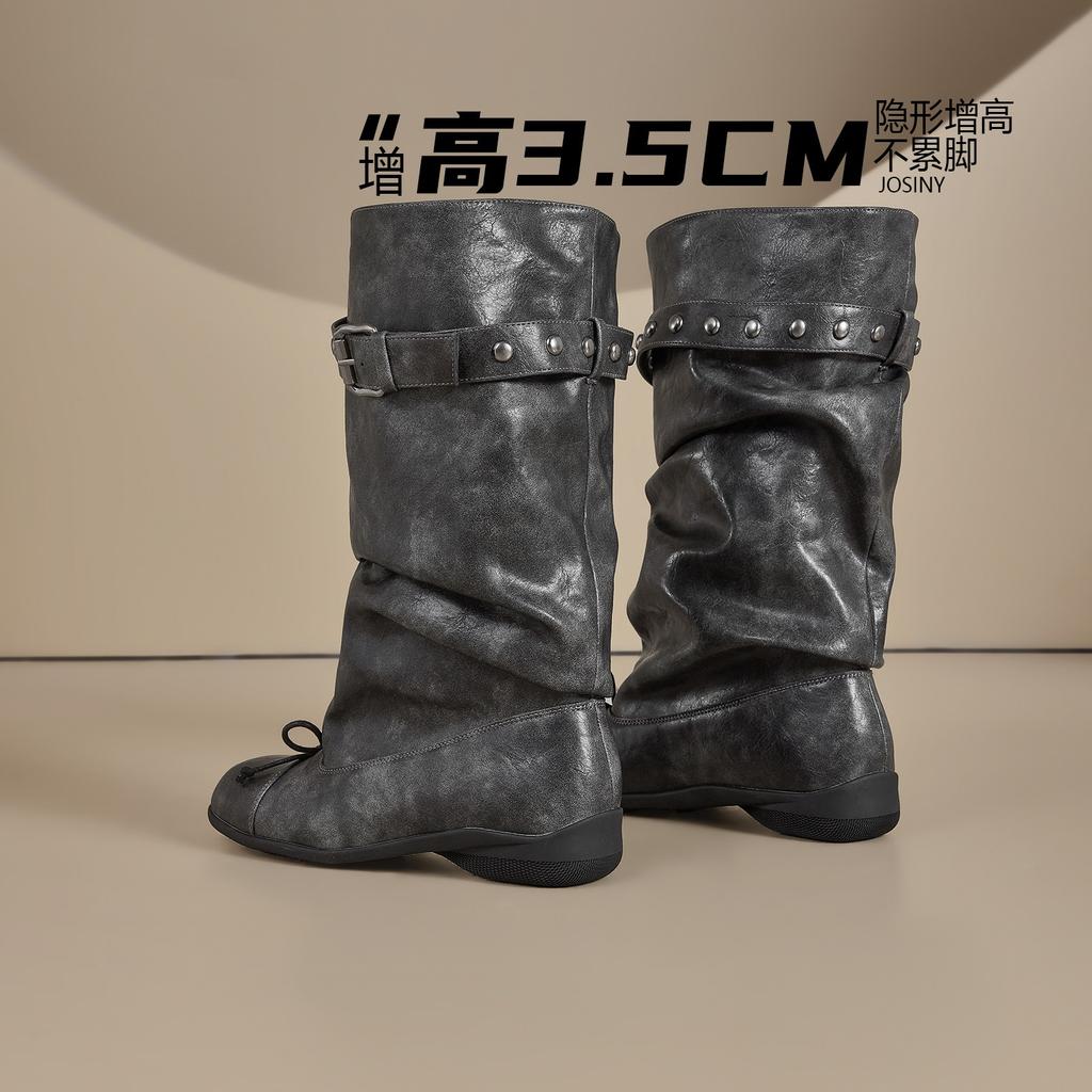 Soft leather version! Niche design sense bow boots women's spring and autumn low heel round head thin pile boots knight boots