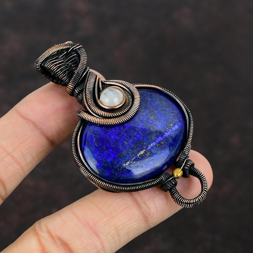Кулон из лазурита и меди, Кулон из радужного лунного камня, Кулон, обмотанный медной проволокой, Кулон из драгоценного камня ручной работы, Медные украшения, Подарок для мамы