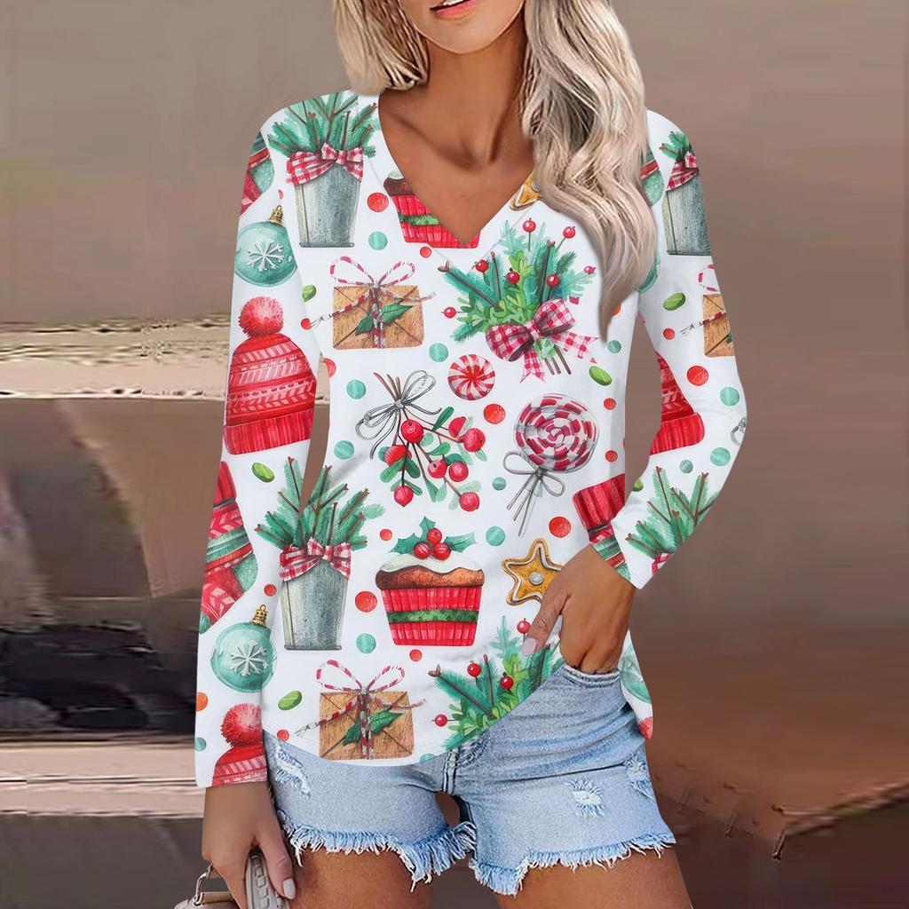 Women's Casual Fashion Sexy Comfortable Christmas Printed V-Neck Long Sleeve Top