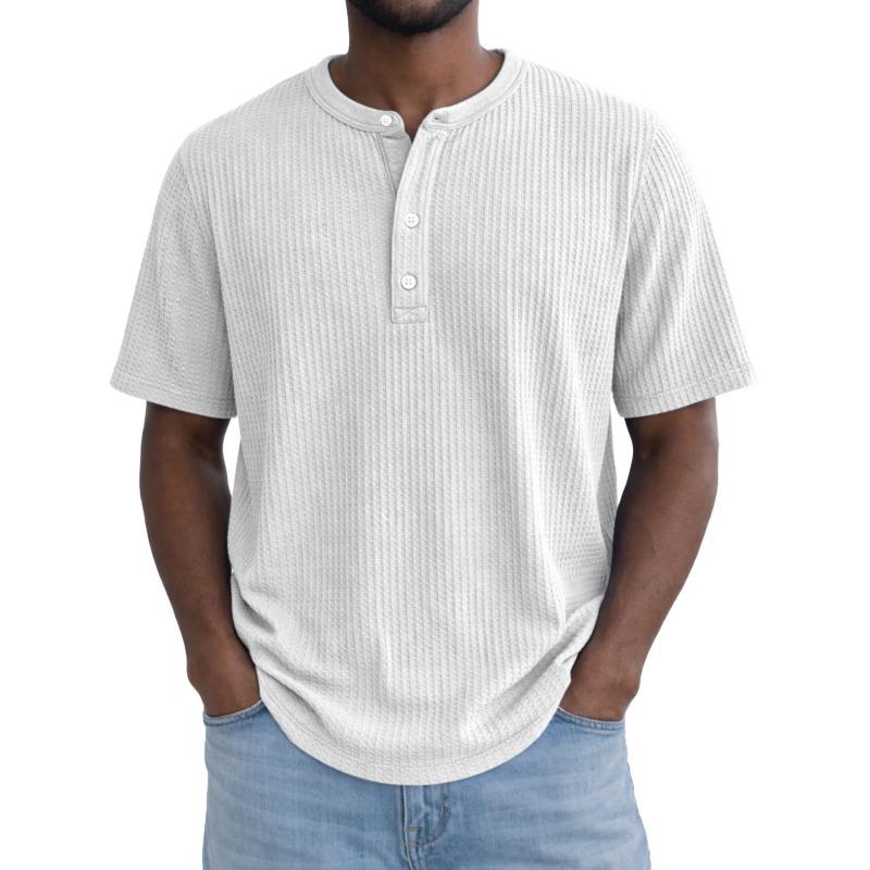 Мужская зеленая вафельная рубашка-henley с коротким рукавом, круглым вырезом, повседневная, свободного кроя, пуловер