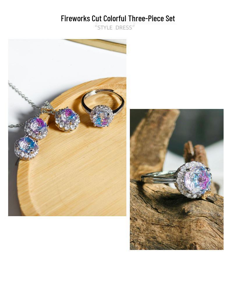 Gessen Jewelry Набор: Многоцветное Восьмиугольное Кольцо, Серьги и Подвеска «Цветная Фея с Бриллиантом» для Женщин