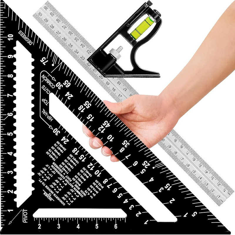 12" Aluminum Alloy Rafter Square Combination Square Set Carpenter Square Woodworking Framing Square Triangle Protractor