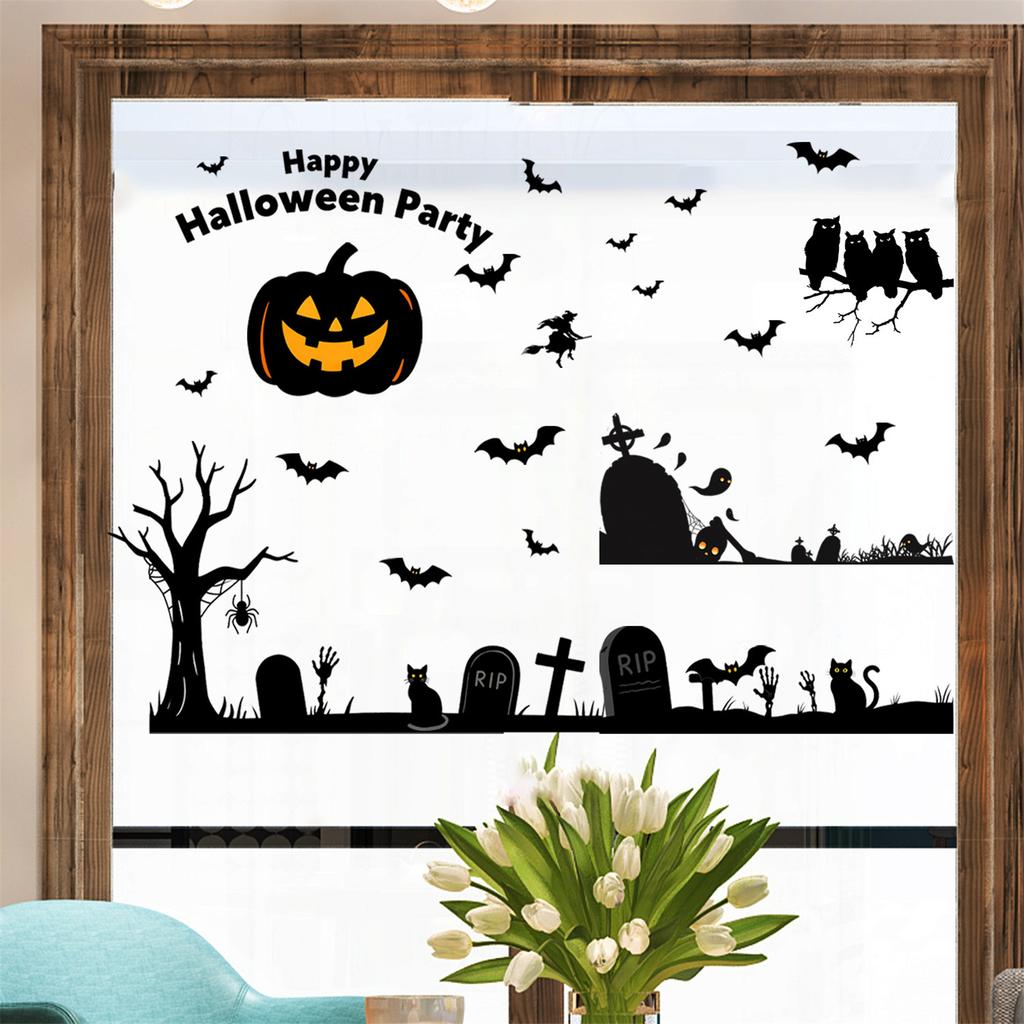 Static Cling Halloween Window Decal Bat and Pumpkin Design Reusable PVC Sticker Decors For Home Office Party Supplies