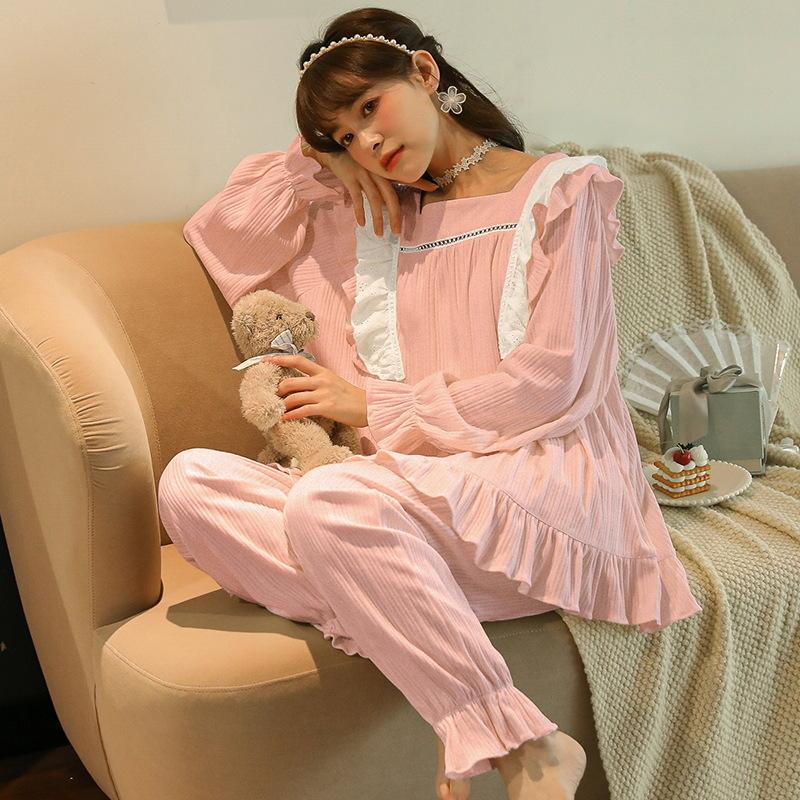 Autumn Winter Women Korean Temperament Retro Sweet Long-sleeved Cotton Pajamas Set Nordic Fashion Palace Style Princess Style Home Clothes