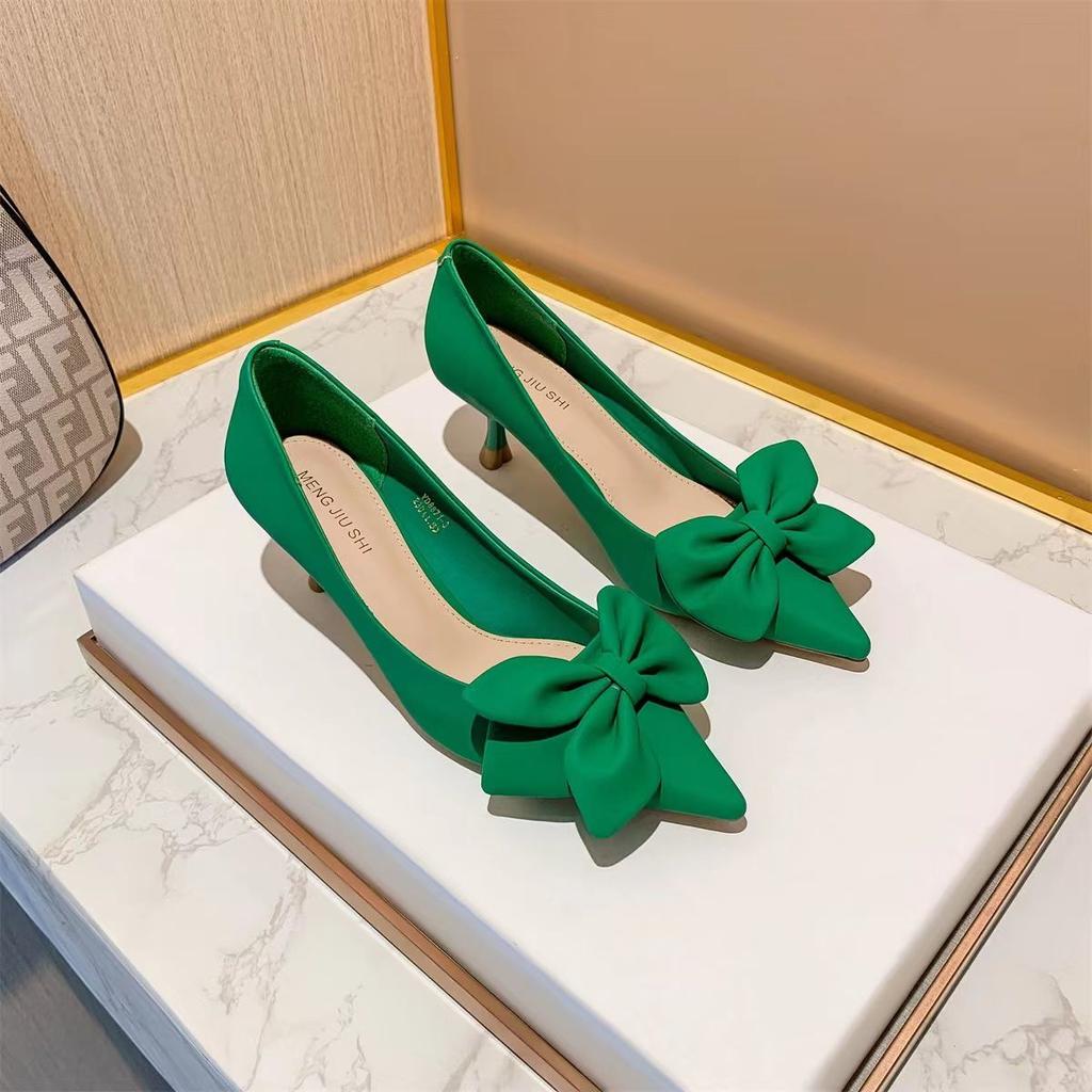 Shoes for Women 2024 Stilito Ladies Summer Footwear Green Pointed Toe with Bow Medium Heels Evening Slip On Popular High Quality