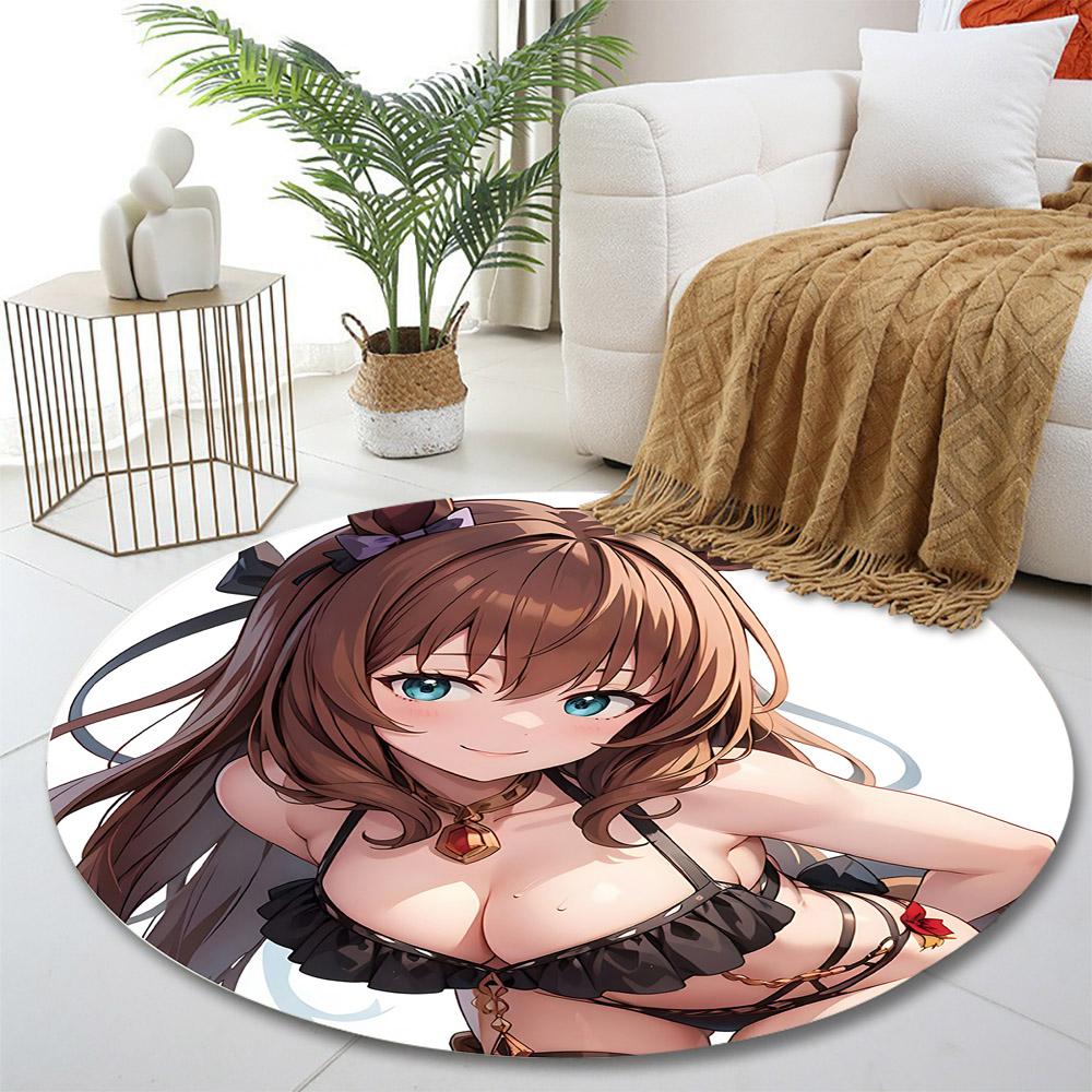 "Anime Girl in Black Bikini Design" Print round rug, living room, bedroom, playroom carpet, non slip floor mat, gift