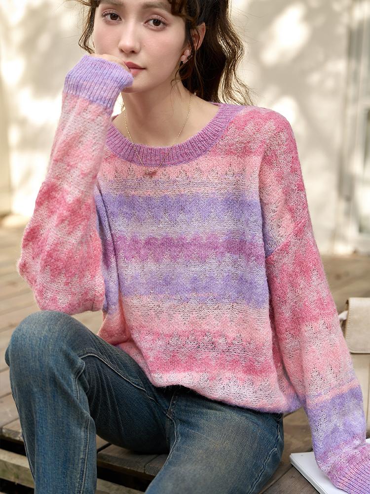 Mishow Женский свитер, новинка осени 2023, в радужную полоску с градиентной строчкой и круглым вырезом, мягкий элегантный пуловер, топы MXC43Z0209