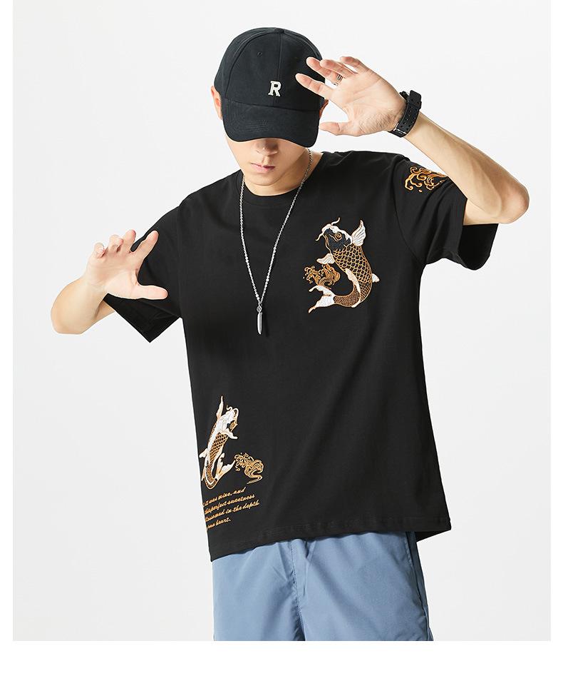 Мужская этническая хлопковая футболка с вышивкой карпов, короткий рукав, свободный крой, большой размер, стиль национальной волны