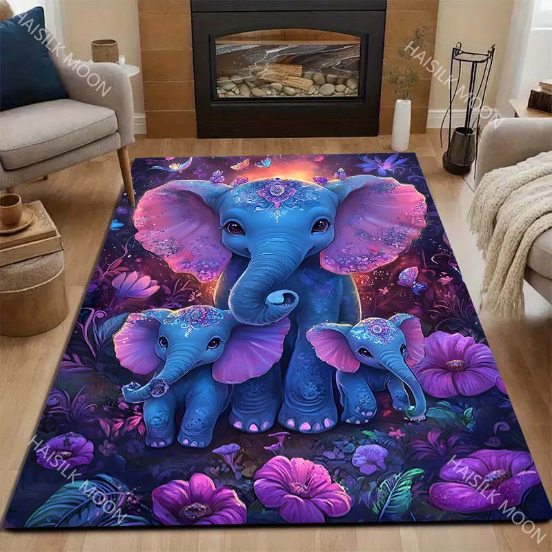 Neon Fantasy Three Elephants Carpet for Living Room Bedroom Bedside Floor Mat Sofa Table Area Rugs Home Decor Large Size