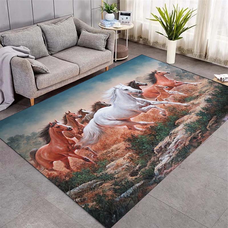 Galloping Wild Horses Area Rug, Group of Running Horses Oil Painting Print Non Slip Floor Rug for Living Room Bedroom Decor
