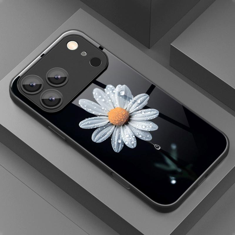 Water droplet daisy pattern glass phone case suitable for iPhone 17 16 15 14 13 12 11 Pro/Max/Plus anti drop and shockproof