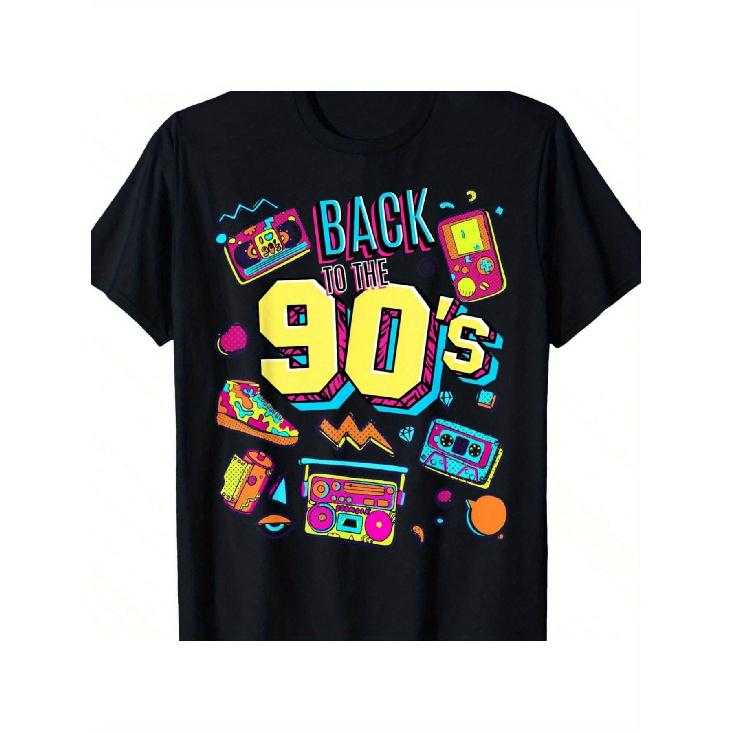 Retro 90s Graphic Tee - Soft Cotton Casual Round Neck T-Shirt for Men & Teens, Vibrant Geometric Design with "Back to the 90's" Print, Perfect for