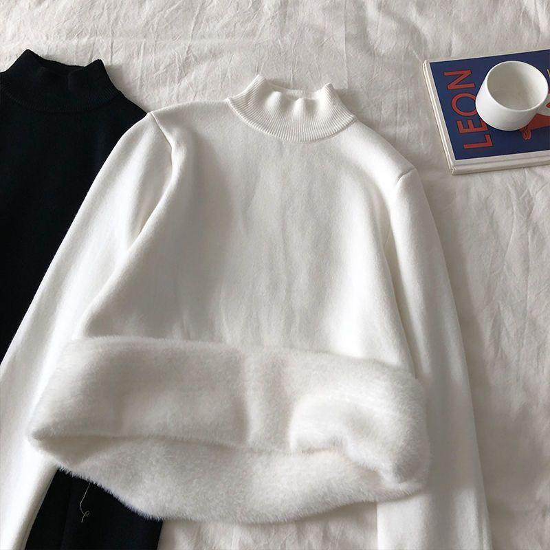 Womens Half-Collar Fleece Lined Knit Sweater Winter Warm Base Top Slim Fit Long Sleeve Pullover