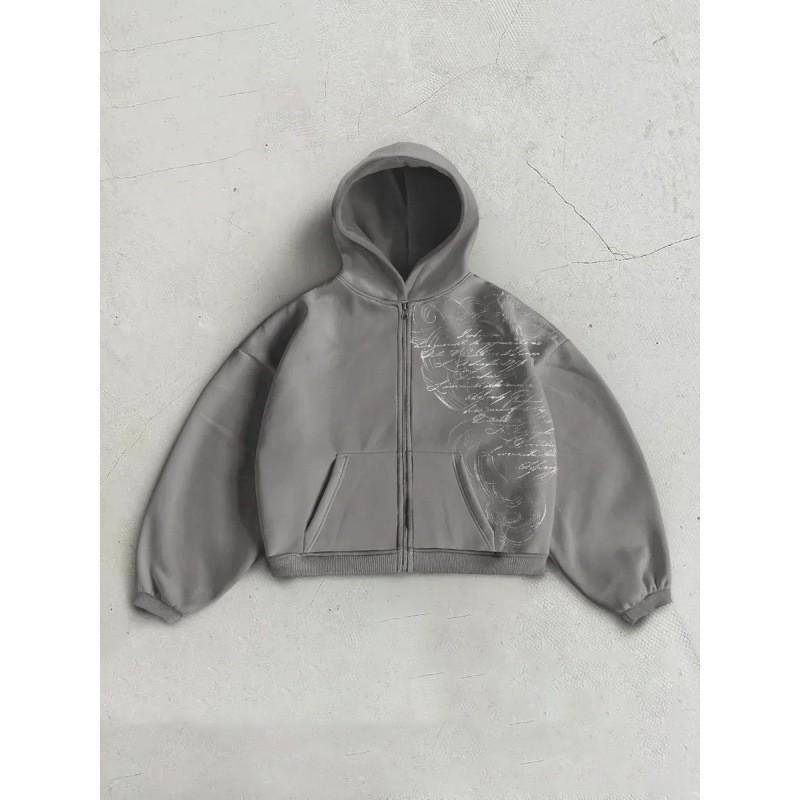 2026 Fall Winter Hooded Zip Sweatshirt Printed Loose Vintage Streetwear Women