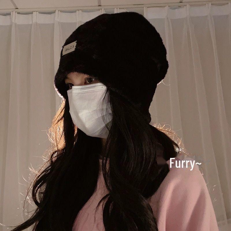 Женская плюшевая шапка-рыбак: Зимний теплый мех кролика, закрывающий лицо, большой обхват головы, небольшой мех для защиты от холодной погоды.