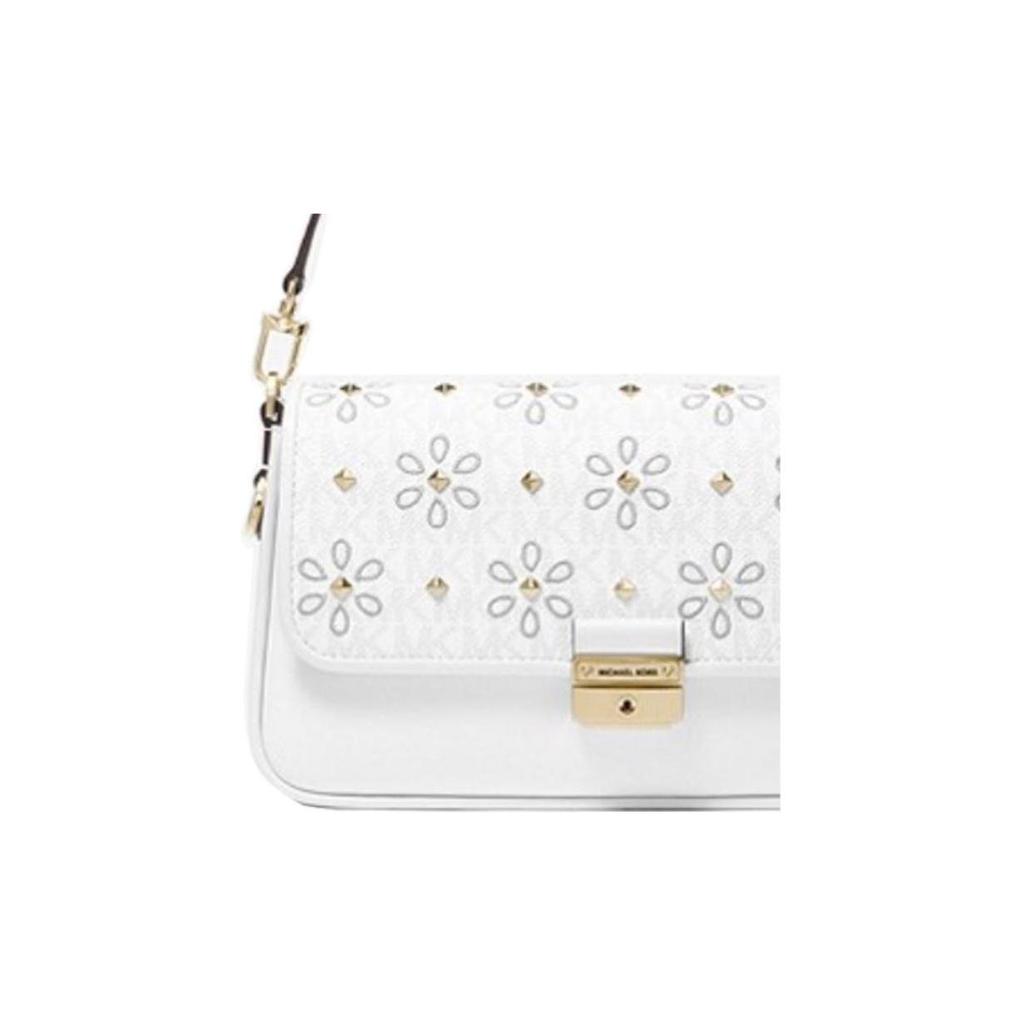 Michael Kors MK Bradshaw Monogram Studded Embroidered Flower Flap Leather Shoulder Bag Women Handbags White 30T1G2BL1I-WHITE-COMBO