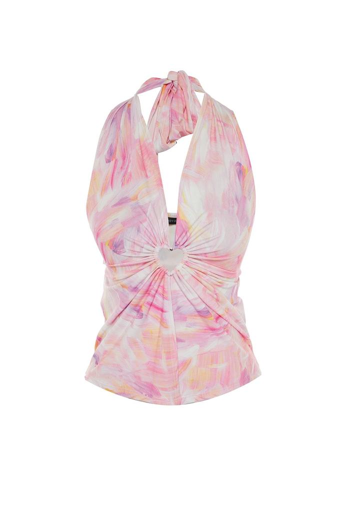 Women's Style Blouse Window Cut Out Detailed Printed Blouse with Multi-Colored Knitted Accessories