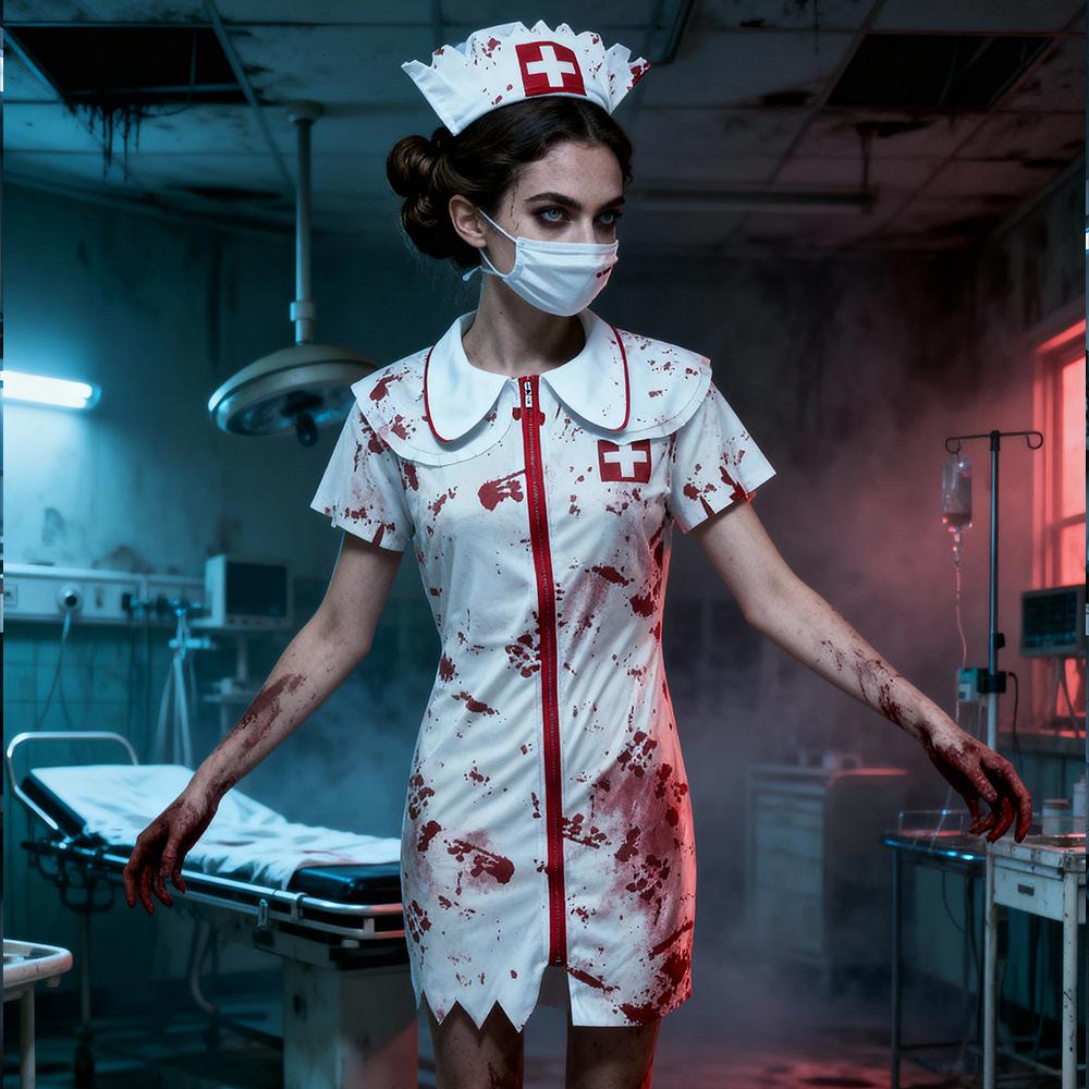Cosplay Halloween Masquerade Party Uniform, Couple Horror Male Doctor COS Uniform Horror Bloody Female Nurse Uniform Zombie
