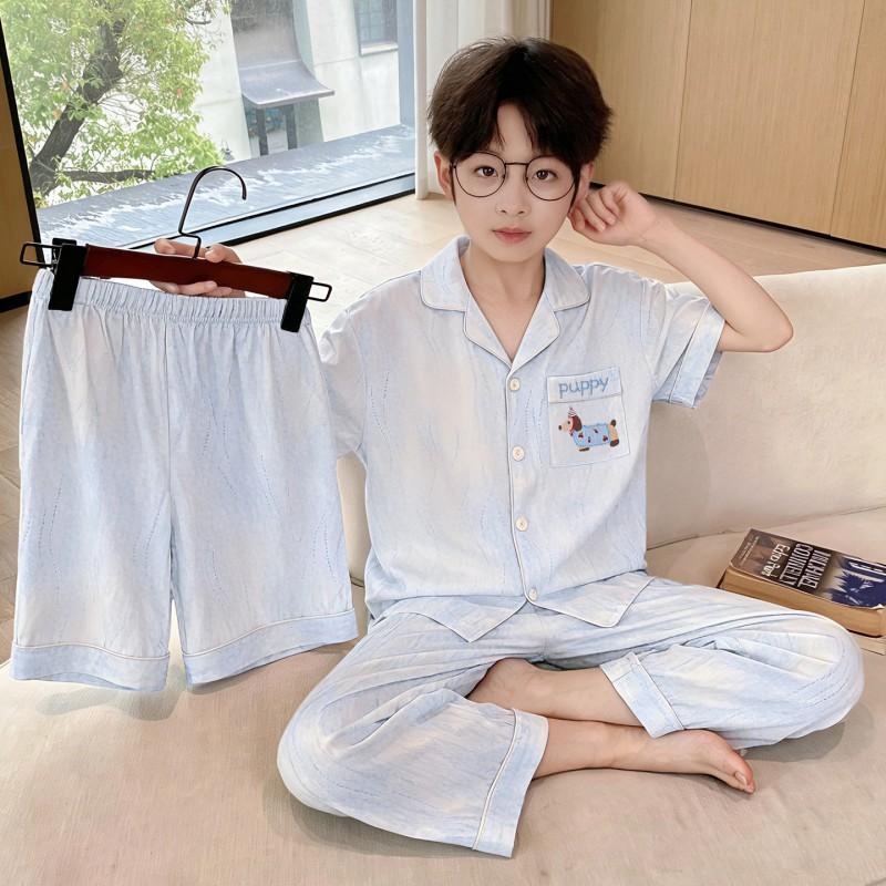 2026 Kids Cotton Pajama Set Short Sleeve Long Pants Cartoon Print Sleepwear Boys Aged 8