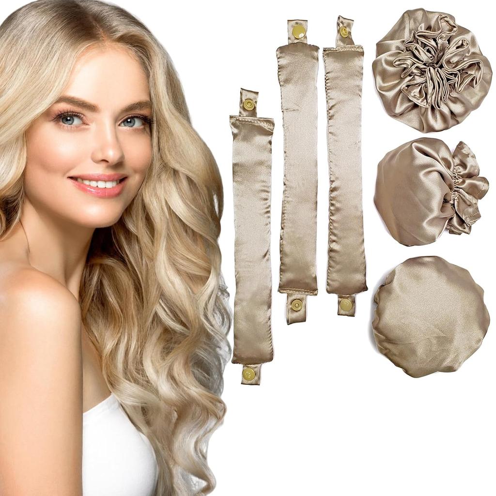 3Sets/6PCS Ariuvor Satin Heatless Hair Rollers for Overnight Curls, Soft Headband Rods with Hair Caps for All Hair Types (3-golden)