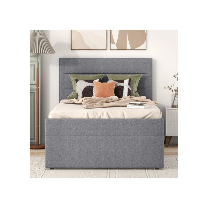 Lit rembourré - MUVOE - 90 x 200 cm - Gris - Grand espace de rangement - Sans matelas