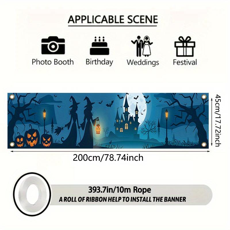 Witch & Jack-o-Lantern Spooky Halloween Banner 17x78in, Polyester Outdoor Party Decor Garden Fence