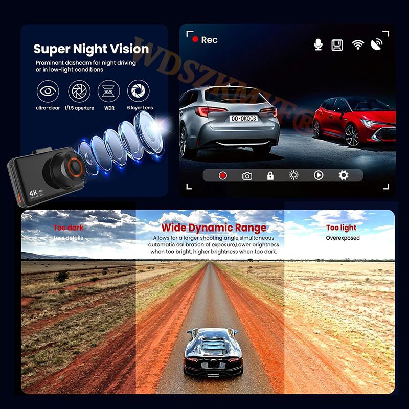 Автомобильный видеорегистратор 4K WIFI GPS DashCam для автомобильного видеорегистратора Камера переднего и заднего вида Ночное видение Черный ящик Круглосуточная парковка Автомобильные аксессуары