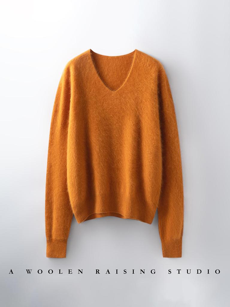 V-Neck Wool Cashmere Loose Brushed Sweater - Solid Color, Versatile, and Skin-Friendly Knitwear