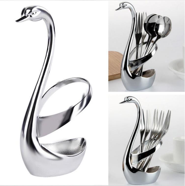 Creative Stainless Steel Fruit Food Fork Spoon Cutlery Swan Base Holder Set Tableware Kitchen Tools