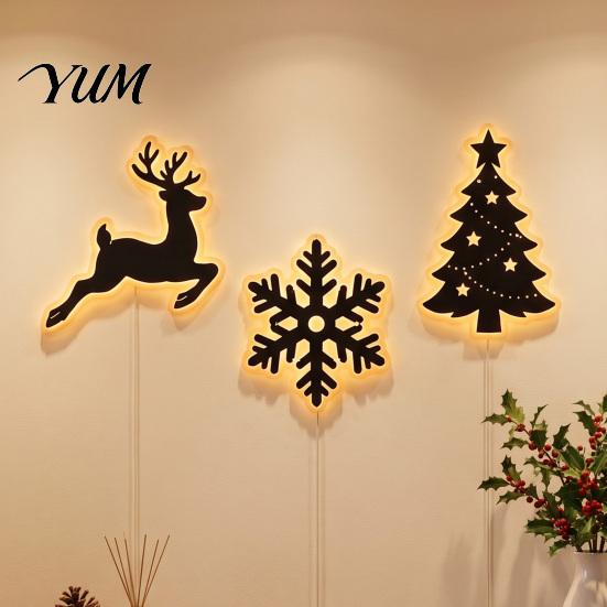 Festive Holiday Wall Ornaments 7Pcs LED Reindeer Decorations for Christmas, Wooden Glowing Deer/Santa Claus/Xmas Warm Lamps Tree/Snowflake/Socks