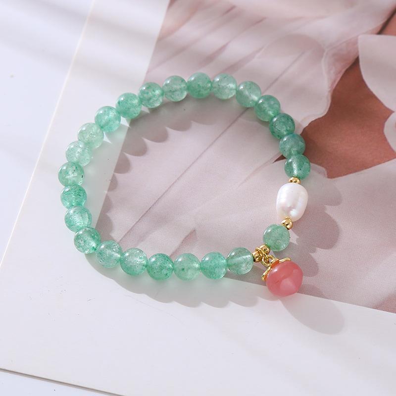 100% Натуральный пресноводный жемчуг и зеленый халцедон и клубничный кварц Модный персиковый браслет-цепочка из бусин для женщин, заполненный 14-каратным золотом