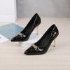 Women's High Heels Fall New Pointy Shallow Mouth Metal Chain Patent Leather Plaid Single Shoes