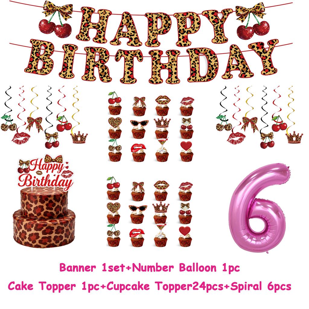 Pink Cherry Leopard Theme Birthday Party Decoration Plate Cup Balloon Banner Sexy Women Girls Shiny Photography Background Gifts