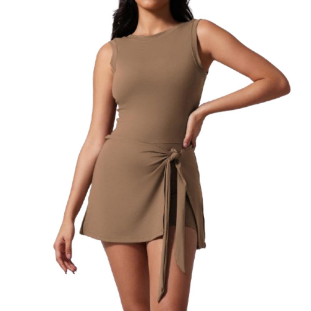 Спортивное платье без рукавов с эффектом двух предметов, с U-образным вырезом, комбинезон для тренировок, одежда для фитнеса