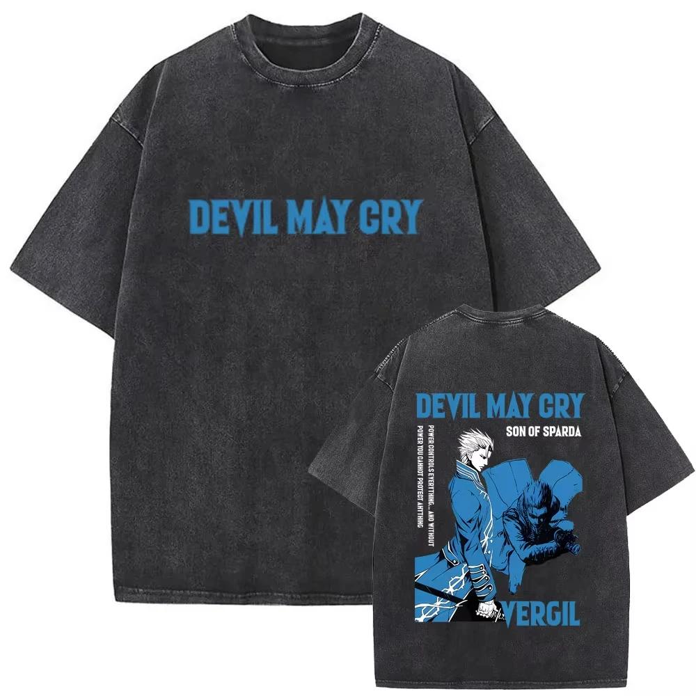 Игровой футболка Dante из Devil May Cry Винтажная с кислотной стиркой Мужская Готическая Ретро Мода Футболки с коротким рукавом Мужская Хип-Хоп Уличная одежда