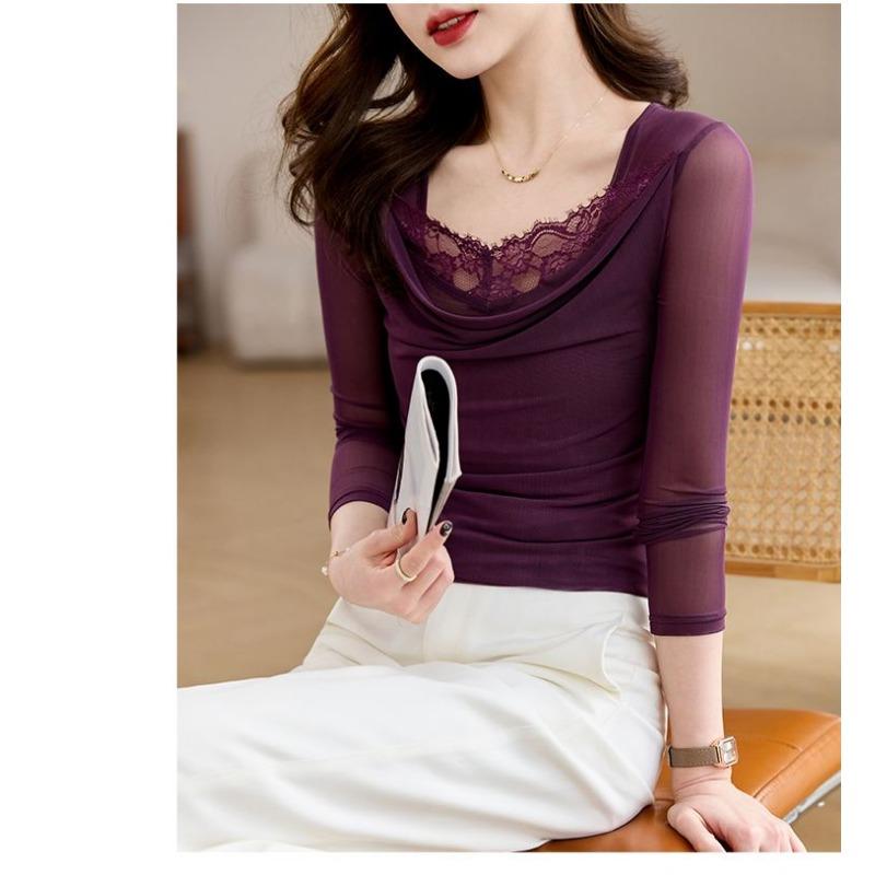 Однотонный пуловер сетчатый с длинным рукавом весенне-осенний сексуальный кружевной топ женская базовая футболка