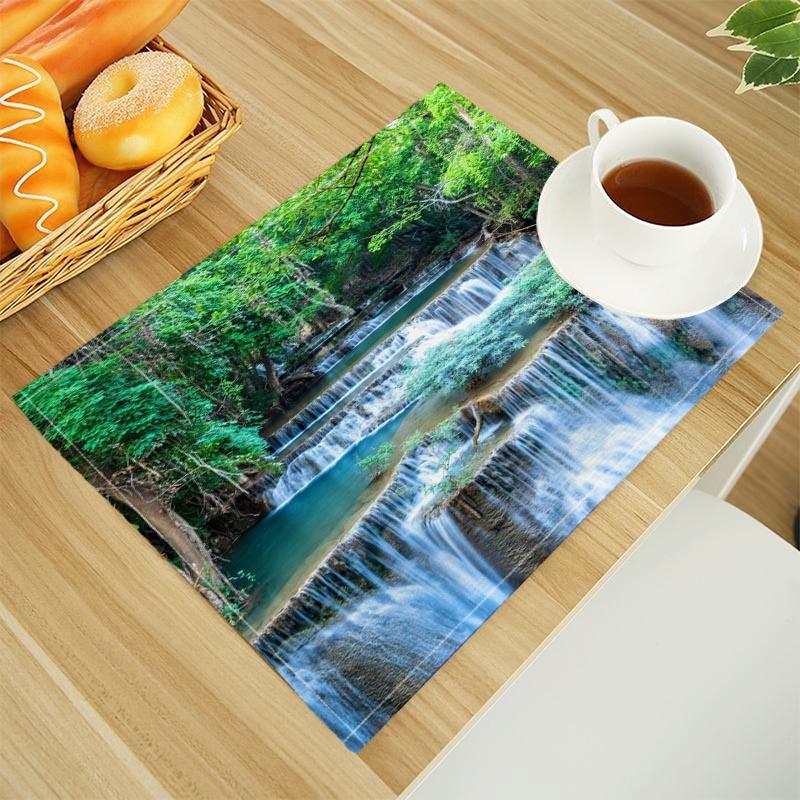 Natural Waterfall Print Linen Dining Table Mats Alphabet Kitchen Placemat 30X45cm Coasters Pads Bowl Cup Mat