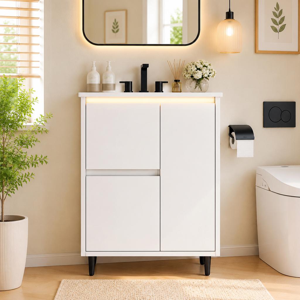 61*46.5*87cm, Freestanding Bathroom Washstand, Lacquered Surface, Integrated Ceramic Basin, Soft-Close Hinges, Two Drawers, High Foot Design, White.