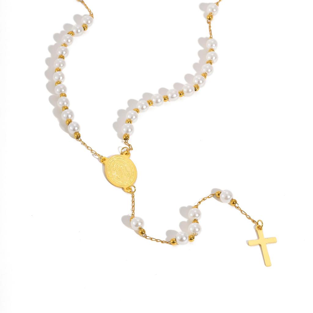 Розарий со Святым Крестом, Женские necklaces-цепочки в форме Y с бусинами из имитации жемчуга, Кулон Святого Бенедикта, Ювелирный подарок из нержавеющей стали