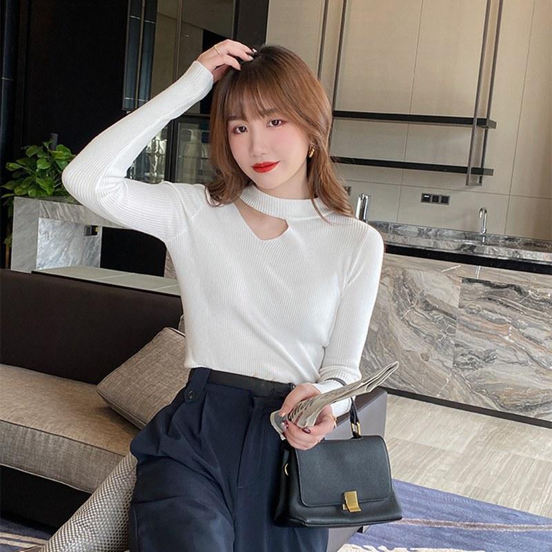 Весенне-осенний женский свитер с бретелькой на шее, однотонный однотонный вязаный топ с длинным рукавом, тонкий низ