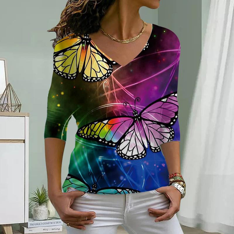 Orange Butterfly Print Women Tshirts Ladies Tops Long Sleeve V-neck Pullover Femme T-shirts T Shirt For Women