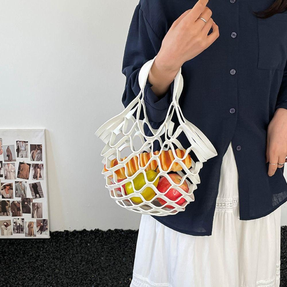 Fashion Leather Folding Tote Bag Foldable Woven Handbag Trendy Hollow Out Weave Bag Storage