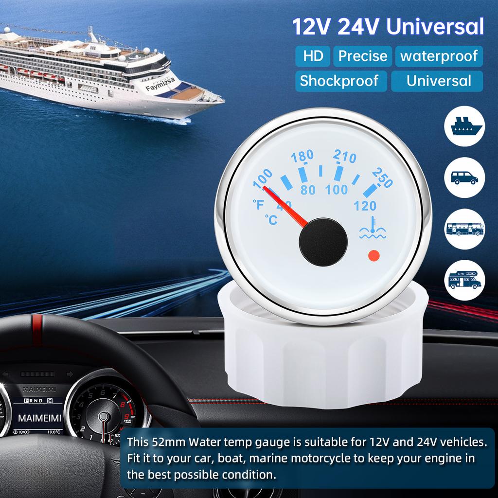 40-120℃,100-250℉ 52MM Water Temperature Gauge With Flashing Alarm Temp Sensor 10.2MM for Auto Car Boat Yacht 7 Color Light