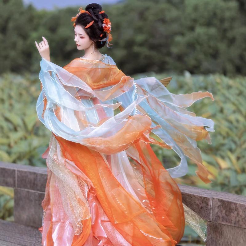 Женская рубашка Hanfu с рукавами-бабочками, комплект с юбкой до груди в стиле династии Тан, вышивка в тяжелом стиле, супер-сказочное осеннее платье-принцесса